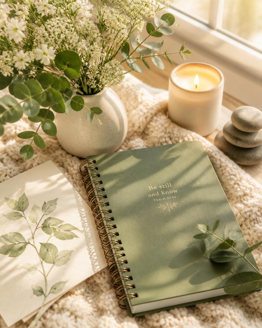 A sage journal, wildflowers, and a warm candle in soft morning light